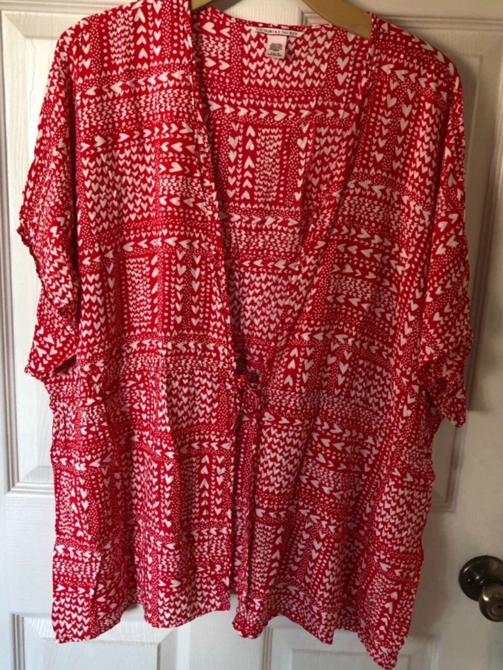 Victoria’s Secret Red Heart Print Kimono Cover Up Dolman Sleeve Waist Tie OS